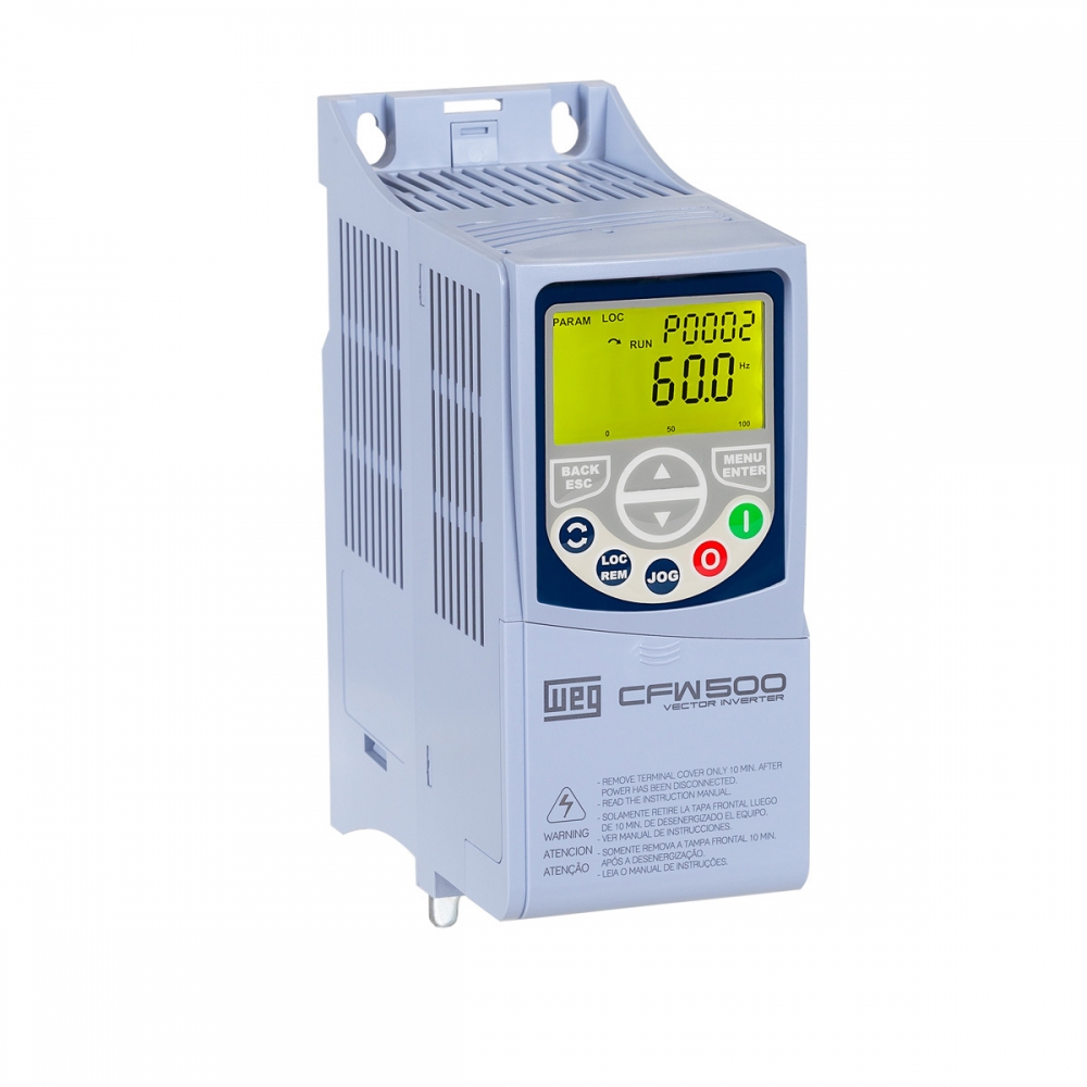 INVERSOR DE FREQUÊNCIA, TRIFÁSICO, CORRENTE NOMINAL 9,6A, 3CV, 220VCA, MODELO CFW500-A09P6-T2NB20G2, FAB. WEG.