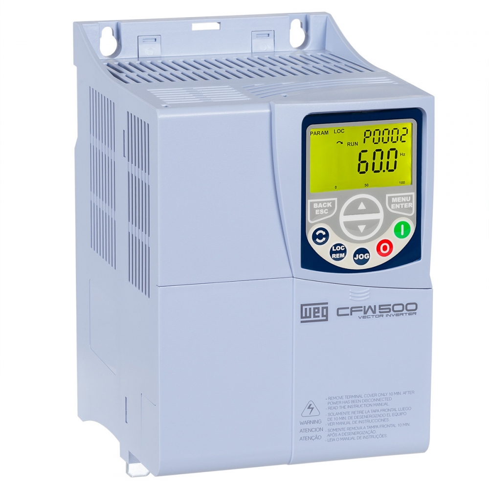 INVERSOR DE FREQUÊNCIA, TRIFÁSICO, CORRENTE NOMINAL 14A, 7,5CV, 380VCA,MODELO CFW500-C14P0-T4DB20G2, FAB. WEG.