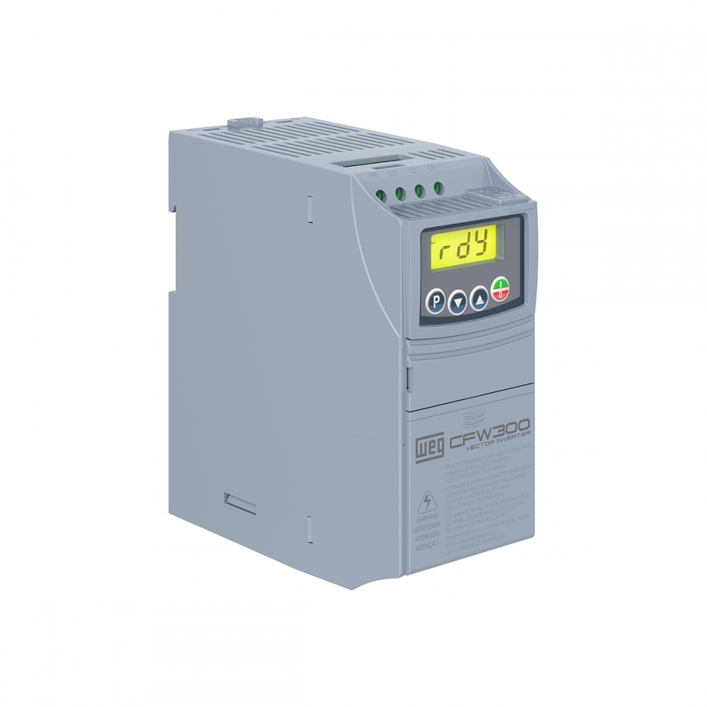 INVERSOR DE FREQUÊNCIA, TRIFÁSICO, CORRENTE NOMINAL 4,8A, 2,0CV, 380VCA, MODELO CFW300-A04P8-T4NB20, FAB. WEG.