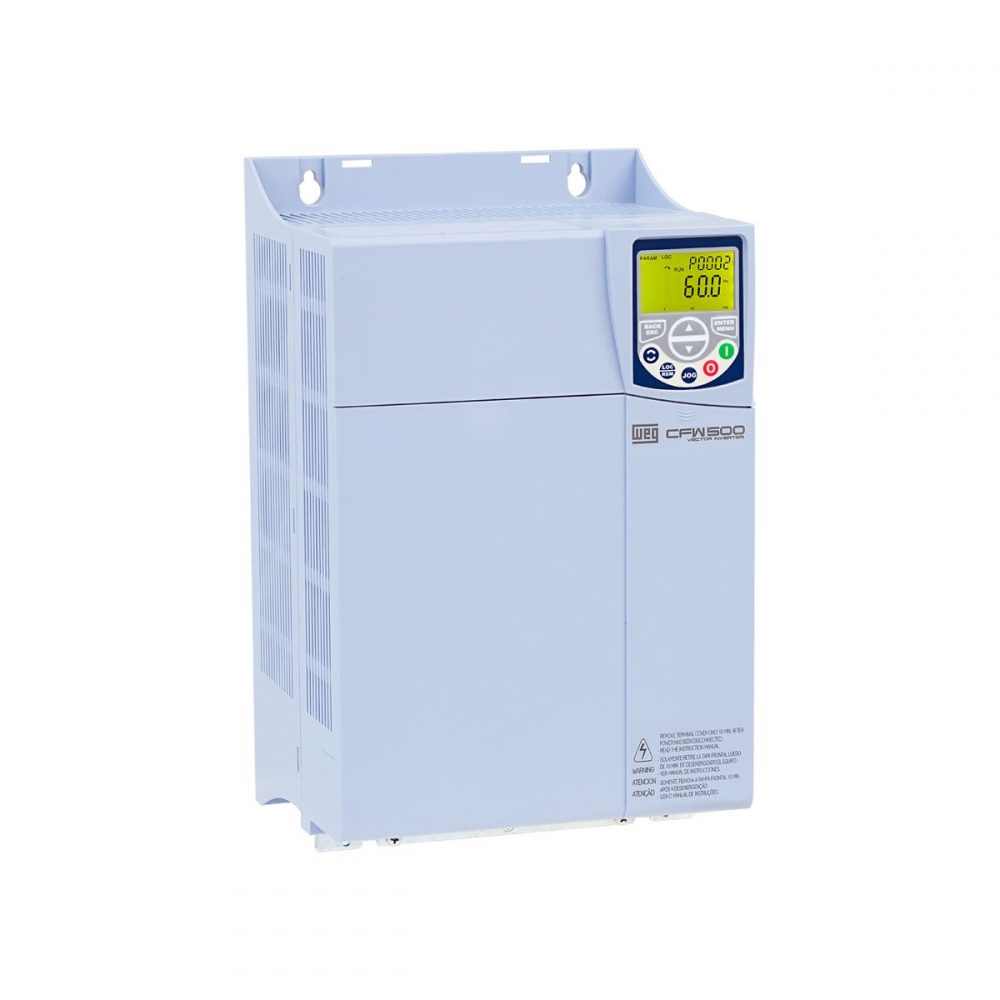INVERSOR DE FREQUÊNCIA, TRIFÁSICO, CORRENTE NOMINAL 39A, 25CV, 380VCA, MODELO CFW500-E39P0-T4DB20G2, FAB. WEG.