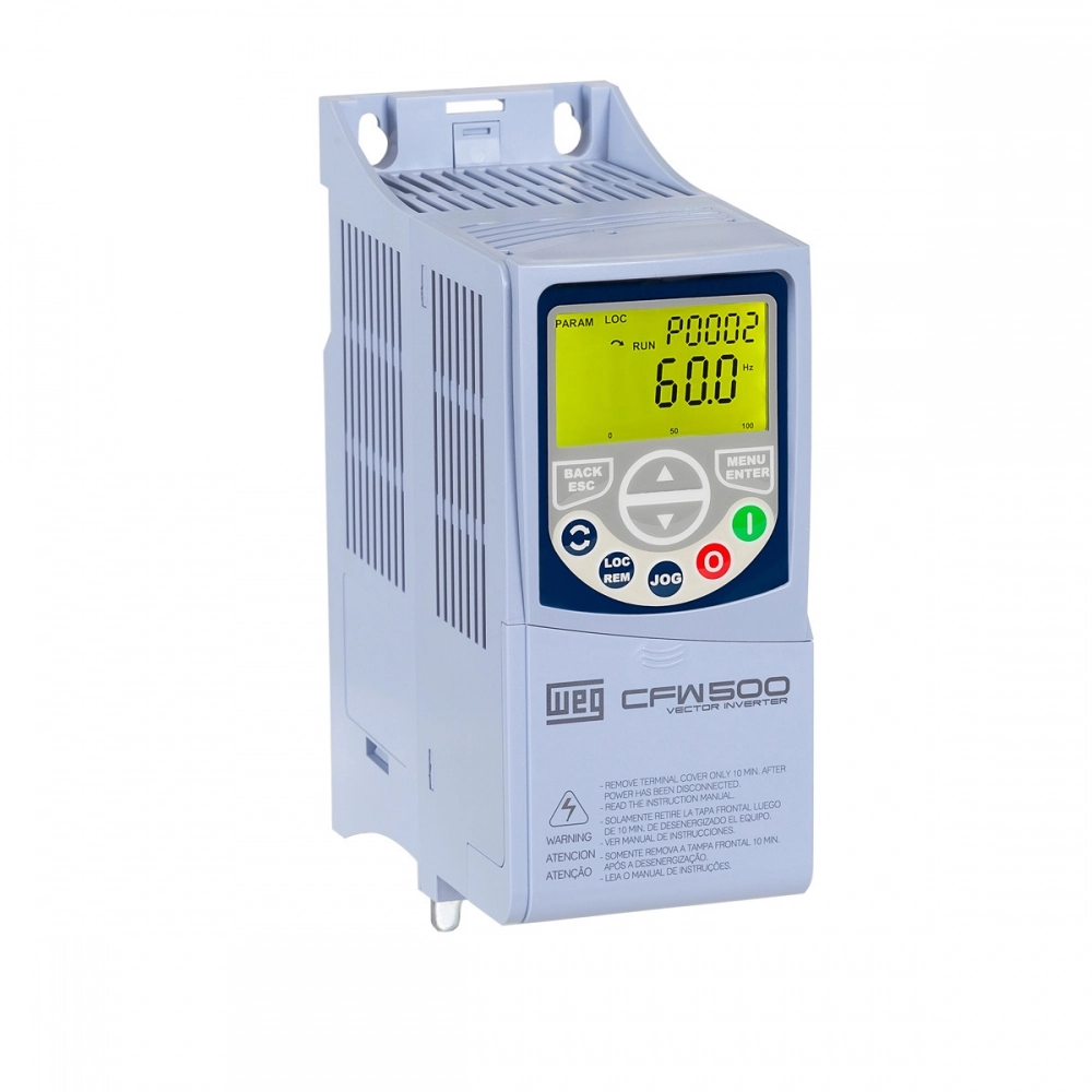 INVERSOR DE FREQUÊNCIA, TRIFÁSICO, CORRENTE NOMINAL 4,3A, 2CV, 380VCA, MODELO CFW500-A04P3-T4NB20G2, FAB. WEG.