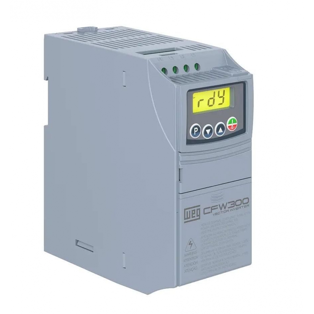 INVERSOR DE FREQUÊNCIA, MONOFÁSICO, CORRENTE NOMINAL 4,2A, 1CV, 220VCA, MODELO CFW300-A04P2-S2NB20, FAB. WEG.