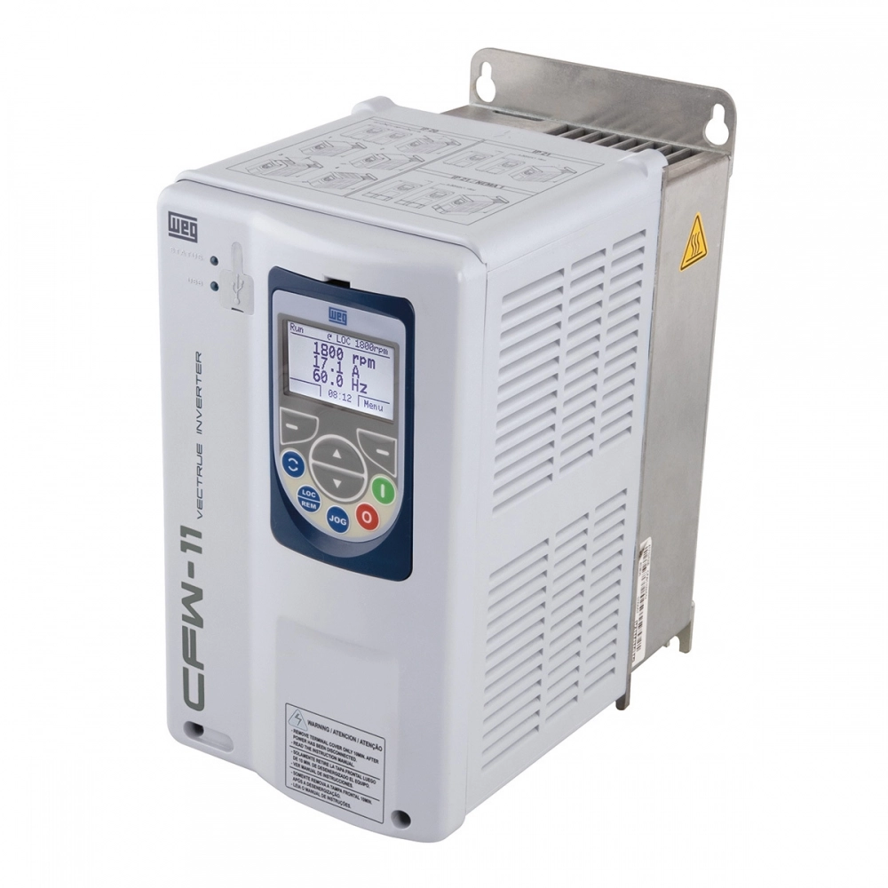 INVERSOR DE FREQUÊNCIA, TRIFÁSICO, CORRENTE NOMINAL 13,5A, 7,5CV, 380VCA, MODELO CFW11-0013-T4SZ, FAB. WEG.